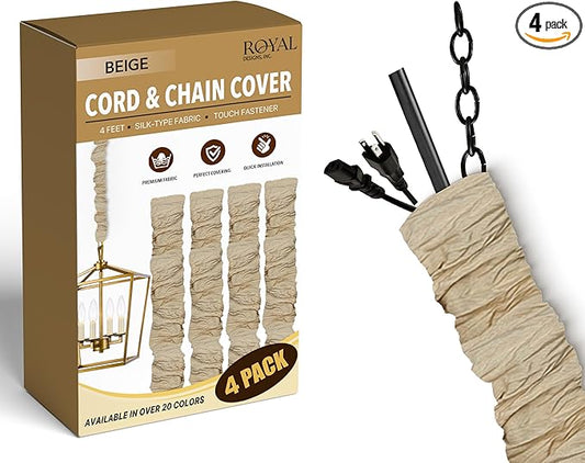 Royal Designs, Inc. Cord & Chain Cover 4 ft Silk Type Fabric, Chandelier Pendant Lighting Chain & Cable Management, Touch Fastener, Beige - 4 Pack
