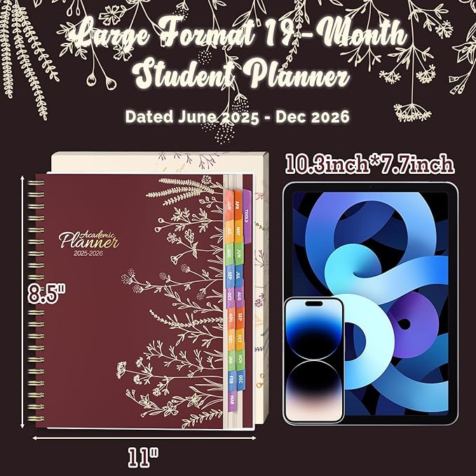 Jun 2025-Dec 2026 Academic Monthly Weekly Daily Planner for School, 19 Months Calendar 25-26 Planning Book with Colorful Tabs, 8.5" x 11" Mid Year College Organizer for Student Teacher (Bordeaux)