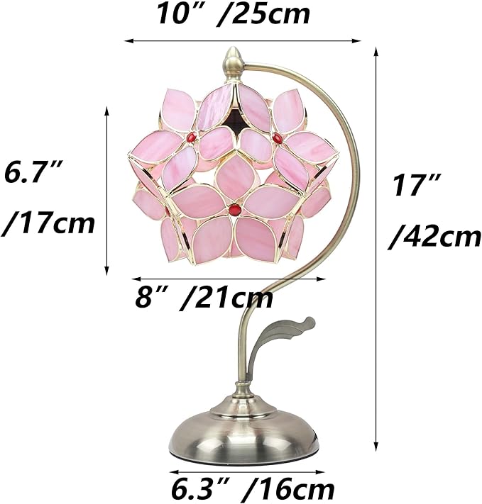 Bieye L10832 Tiffany Style Stained Glass Flower Petal Table Lamp with Brass Base for Home Décor (Pink, 8" Apple Blossom)