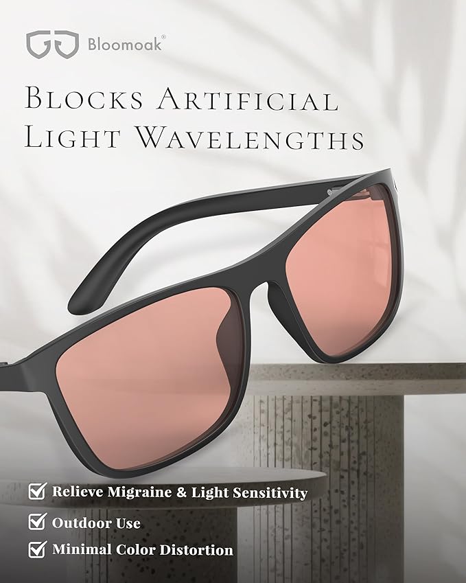 Bloomoak Rose Tinted Migraine Relief Glasses, FL- Flex Pink Light Sensitivity Glasses for Fluorescent LED Glare, Photophobia, Eye Strain