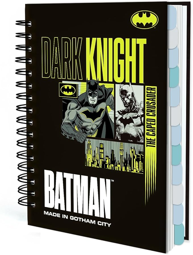 Hardcover Spiral Notebook Journal with 12 Dividers Tabs Weekly&Monthly Planner Productivity Journal Superhero Theme Leather Organizer for Work School Adults Teens and Professionals (BATM-BLACKYELLOW)