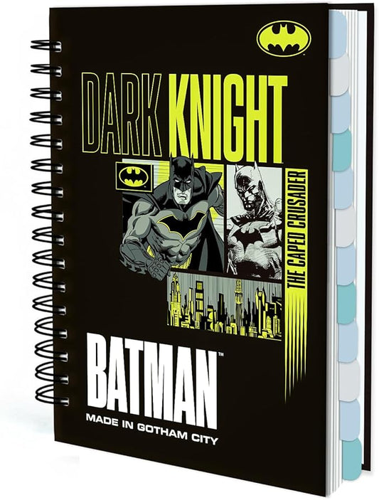 Hardcover Spiral Notebook Journal with 12 Dividers Tabs Weekly&Monthly Planner Productivity Journal Superhero Theme Leather Organizer for Work School Adults Teens and Professionals (BATM-BLACKYELLOW)