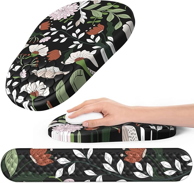 Ergonomic Mouse Pad and Keyboard Wrist Rest with Massage Design, Space-Saving Mouse Pad Wrist Support, Memory Foam Wrist Rest with Non-Slip PU Base for Computer Desk, Multiflora
