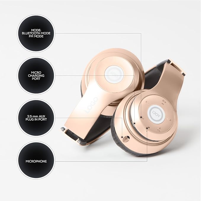 iJoy Bluetooth Headphones Over Ear, Wireless and Wired Foldable Headset Built-in Microphone, FM, Micro SD Card Slot - (Gold) Adults Kids Men Women
