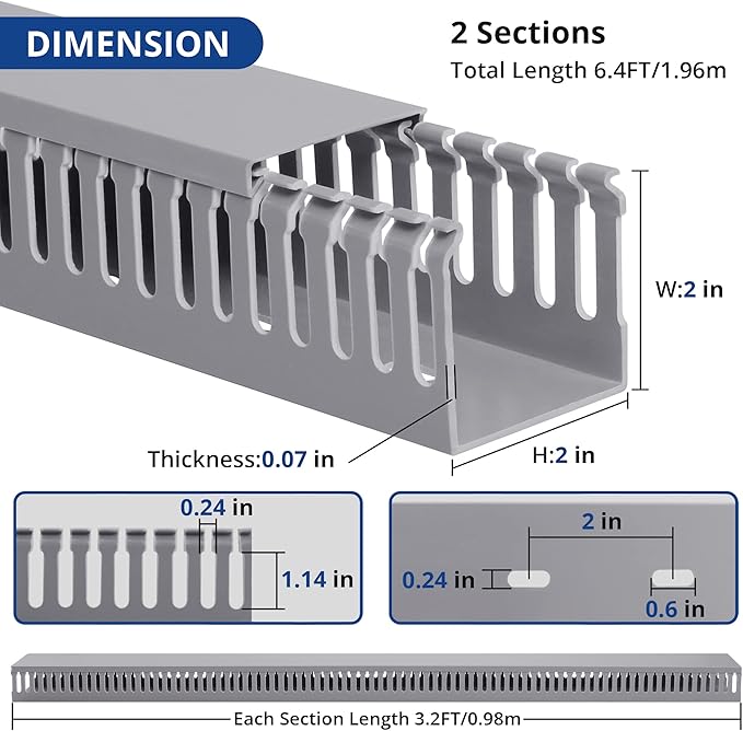 ZhiYo 2x2in Server Rack Cable Management, 6.6ft Cable Duct Cable Raceway Kit, Electrically Safe PVC for Network Cable Management, Open Slot Wire Raceway for Computer Under Desk, Wire Duct Grey