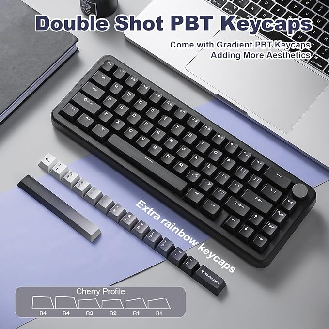 YUNZII B68 Wireless Mechanical Keyboard,Tri-Mode BT5.0/2.4GHz/USB-C,Cute PBT Keycaps,Hot Swappable Creamy Typing Gasket Mounted,RGB Backlit NKRO for Win/Mac (Black, Milk V2 Switch)