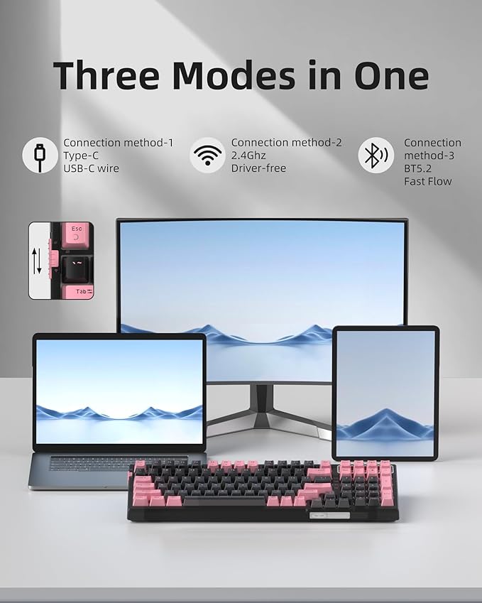 MageGee SKY98 Wireless Gasket Mechanical Gaming Keyboard, 96% Hot Swappable RGB Custom Creamy Keyboard with 5-Layer Sound Padding, BT/2.4G/USB-C, NKRO for Win/Mac (Pink & Black, Blue Whale Switch)