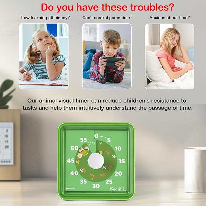 Secura 60-Minute Visual Countdown Timer for Kids & Classroom, Pomodoro Time Management Tool (Green & Green)