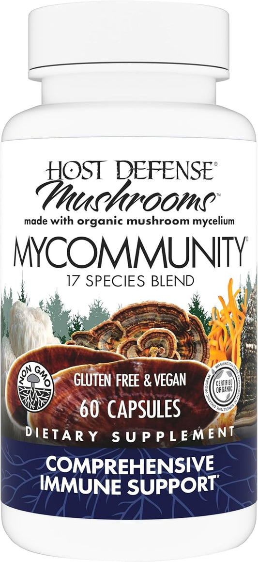 Host Defense MyCommunity Capsules - 17 Species Blend Mushroom Supplement for Immune Support - Herbal Aid with Lion's Mane, Reishi. Chaga, Cordyceps, Turkey Tail & More - 60 Capsules (30 Servings)*
