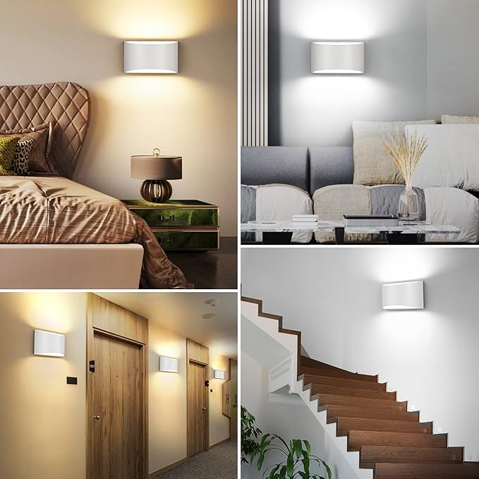 TRLIFE Dimmable Wall Sconces, 3000K/4000K/6000K Selectable Modern Wall Sconce 12W LED Aluminum Wall Mounted Light Set of 2 Hardwired Wall Lights for Bedroom Bedside Living Room Stairway (White, 2P)