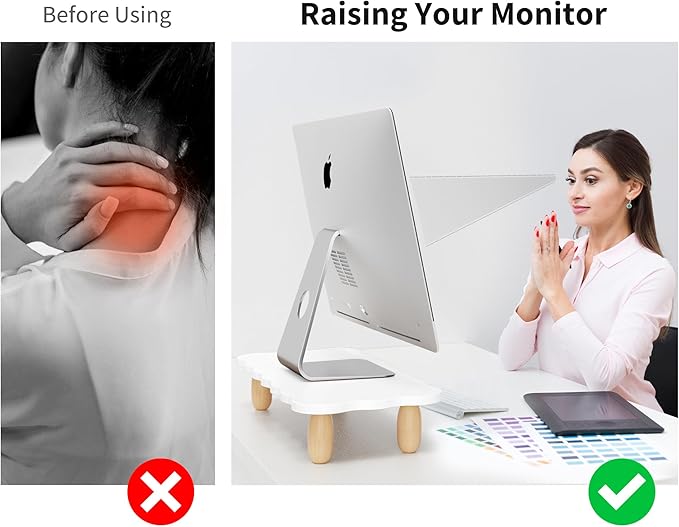 Monitor Stand Riser, Cookie-Shaped Sturdy Wood Computer Monitor Stand for Desk, Ergonomic Desk Stand, Multi-Purpose Desktop Organizer Riser for Computer, Laptop, Printer, TV,White