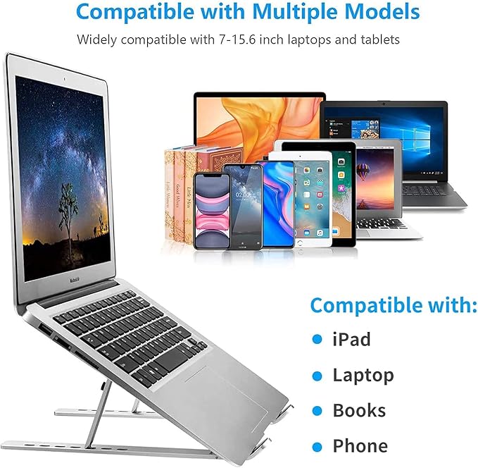 Laptop Stand for Desk, Ergonomic Design Adjustable Aluminum Foldable Portable Computer Stand, Compatible with MacBook Air Pro, HP, Lenovo, Dell, More 10-15.6”Inch and Tablets (Silver)