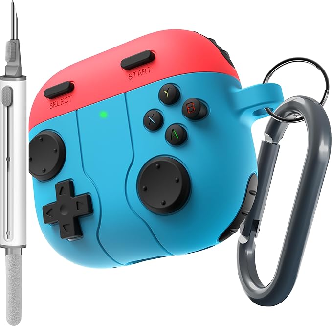 DamonLight Game Case for AirPods 4 Cover Shock-Proof Protective Silicone Case with Cleaning Pen and Keychain Accessories for Apple Airpods 4th Generation (Red & Blue)