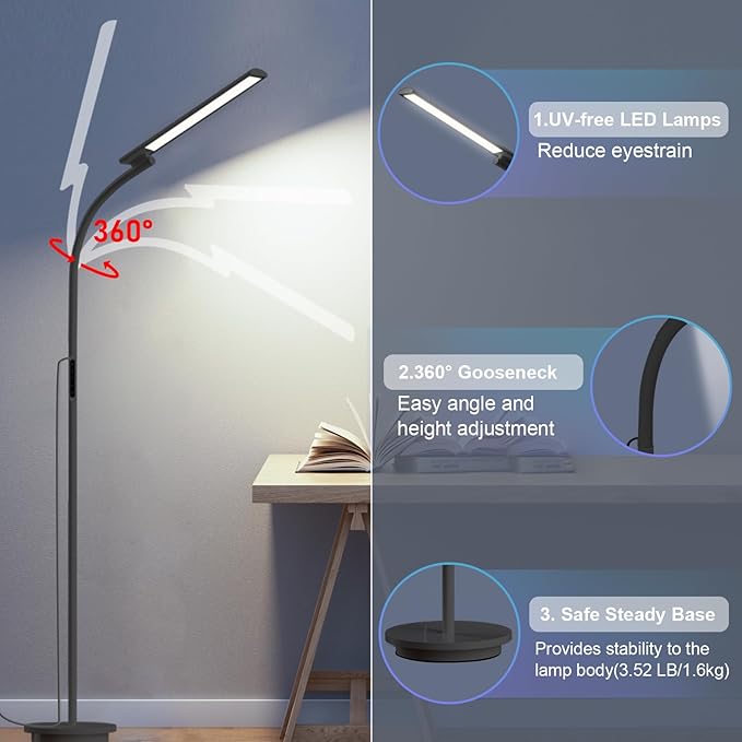 Light Therapy Lamp 10000 LUX UV-Free Happy Lamp,3 Heights Desk & Floor Sun Lamp, 5 Colors & 5 Brightness Levels with Timing Function (Black)