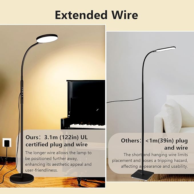 Light Therapy Lamp, 3 in 1 Therapy Floor Lighting, 11000 Lux Full Spectrum Therapy Lamps, UV-Free LED Sunlight, 10 Brightness/5Color/Gooseneck/Height Adjustable with Timer Control, Black