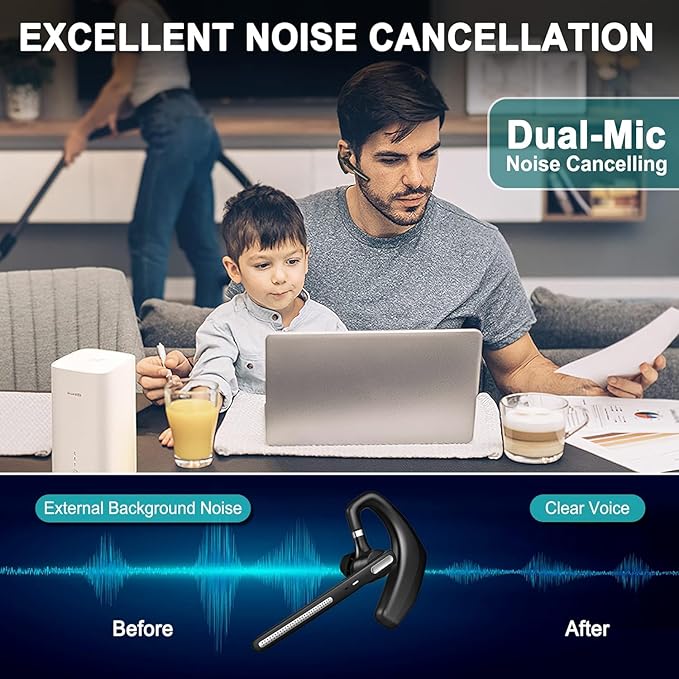 Bluetooth Headset V5.1,Wireless Bluetooth Earpiece with CVC8.0 Dual Mic Noise Cancelling,500mAh Battery for 110H Work Time,Handsfree Earphones for Cell Phones/PC for Business Office/Driving