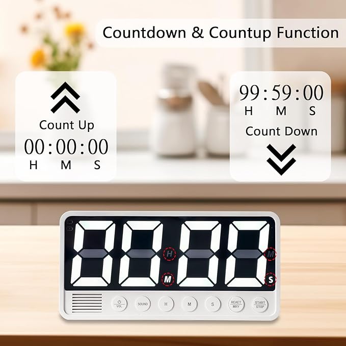 Digital Kitchen Timer with 7.1” Extra Large Display, Rechargeable Magnetic LED Countdown/Up Memory Timer with 6 Alarms & 4 Volume Levels for Cooking, Classroom, Office, Home Gym (White)