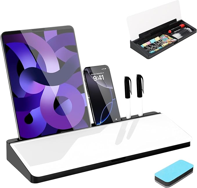 KVY Desk Whiteboard with Storage,Desktop Glass Dry Erase White Board Organizers Supplies with Accessories for Office, Home, School Essentials (Black)