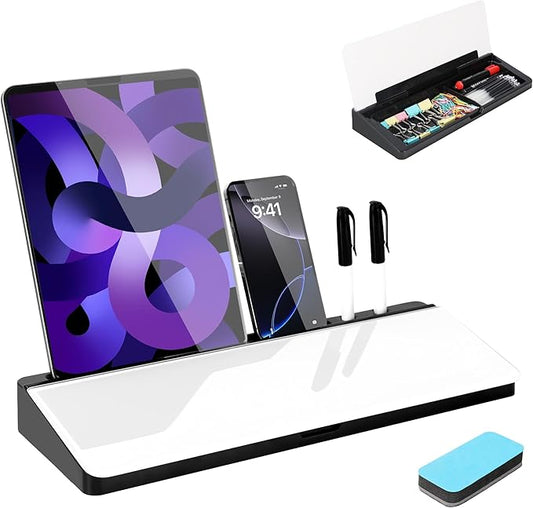 KVY Desk Whiteboard with Storage,Desktop Glass Dry Erase White Board Organizers Supplies with Accessories for Office, Home, School Essentials (Black)