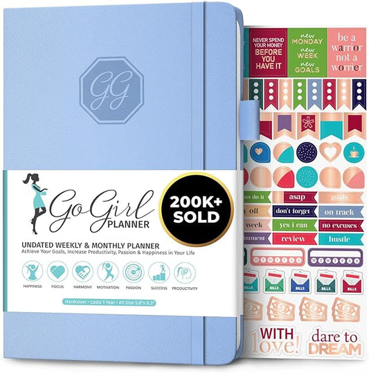 GoGirl Planner and Organizer for Women – A5 Size Weekly Planner, Goals Journal & Agenda to Improve Time Management, Productivity & Live Happier. Undated – Start Anytime, Lasts 1 Year – Light Blue