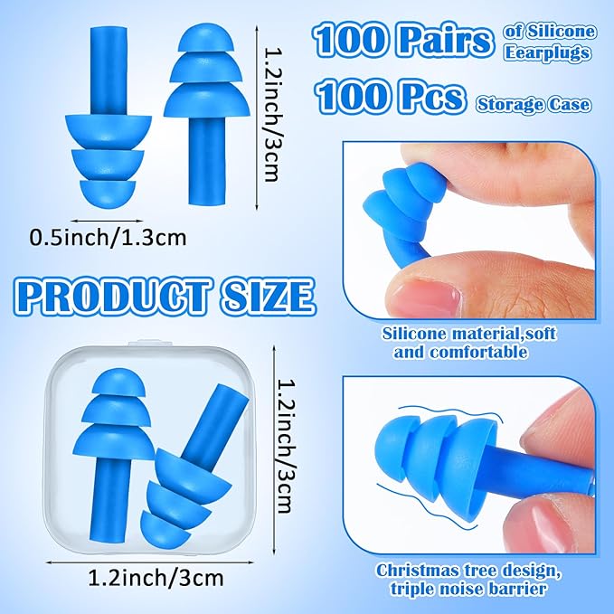 TrelaCo 100 Pairs Ear Plugs Bulk, NRR 29dB Reusable Silicone Ear Plugs with Plastic Cases Soft Foam for Sleeping Noise Cancelling for Concerts Shooting Swimming Noise Reduction(Blue)