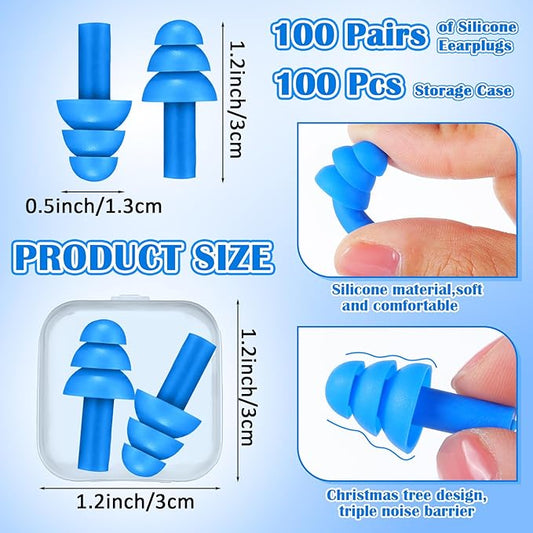 TrelaCo 100 Pairs Ear Plugs Bulk, NRR 29dB Reusable Silicone Ear Plugs with Plastic Cases Soft Foam for Sleeping Noise Cancelling for Concerts Shooting Swimming Noise Reduction(Blue)