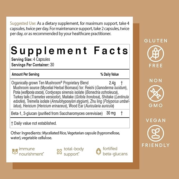 EcoNugenics Ten Mushroom Supplement: Daily Immune Support, 120 Capsules – Lion’s Mane, Reishi, Cordyceps, Turkey Tail – Energy, Gut Health, Liver, Kidney, Cholesterol & Nootropic Brain Support