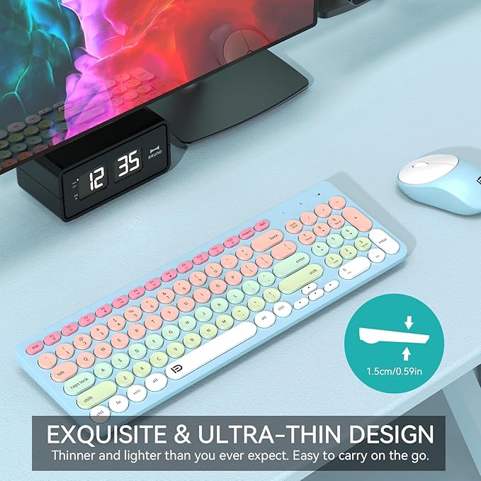 Wireless Keyboards Mouse Combos, Colorful Cute Typewriter Full-Size Retro Round Keyboard, 2.4GHz Sleep Mode Office Quiet Wireless Creamy Keyboard and Mouse Set for Desktop Laptop PC Computer-Blue