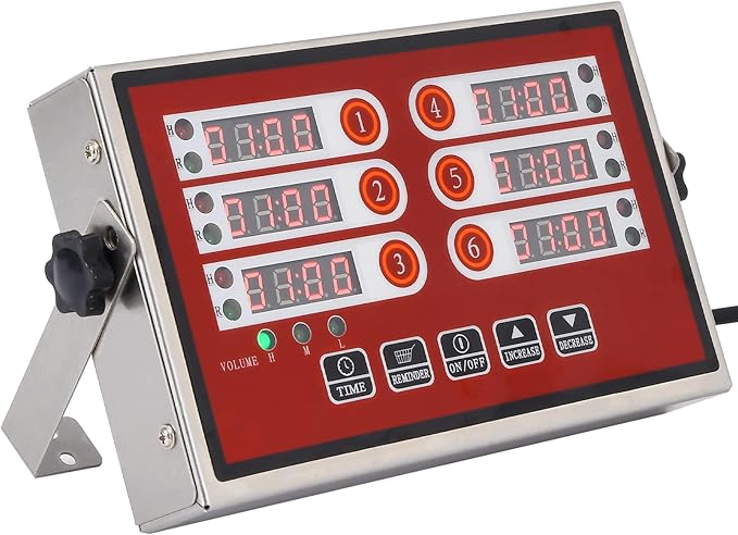 Kitchen Timers for Cooking – 6 Channel Commercial Kitchen Timer Restaurant Kitchen Supplies – Stainless Steel LED Technology Kitchen Timer Digital – Reminder Function, Loud Alarm, Red