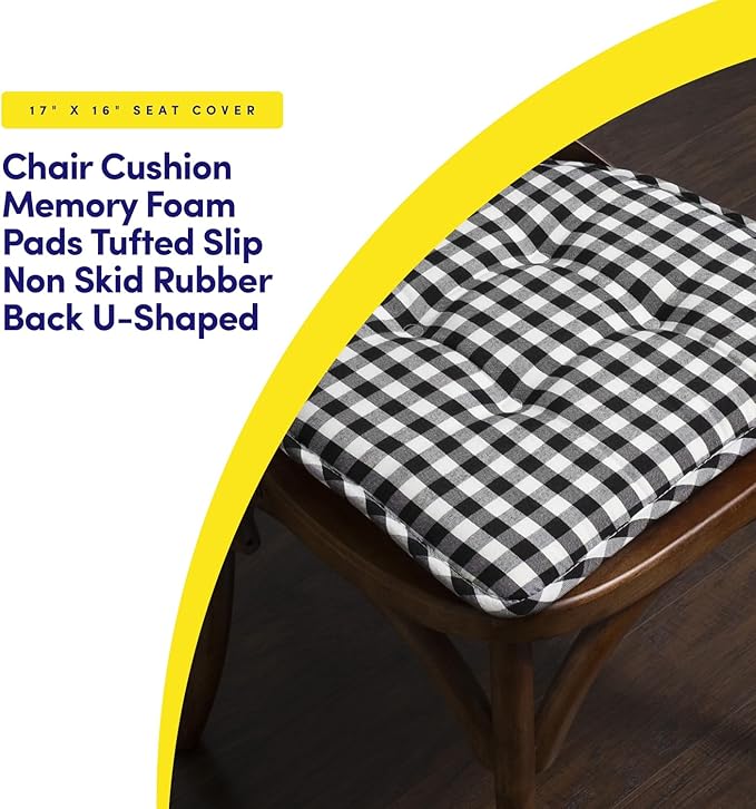 Sweet Home Collection Chair Cushion Memory Foam Pads Tufted Slip Non Skid Rubber Back U-Shaped 17" x 16" Seat Cover, 2 Count (Pack of 1), Checkered Black/White