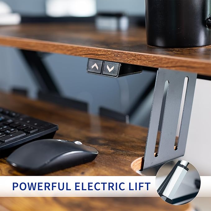 VIVO 36 inch Electric Motor Desk Converter, Height Adjustable Riser, Sit to Stand Dual Monitor and Laptop Workstation with Wide Keyboard Tray, Vintage Brown, DESK-VE36N