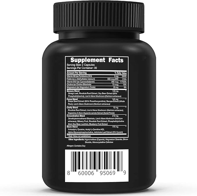 Vital Vitamins Nootropic Brain Supplement Plus - for Memory, Focus, Concentration, Neuro Energy, Clarity - with Lion's Mane Mushrooms - 60 Capsules