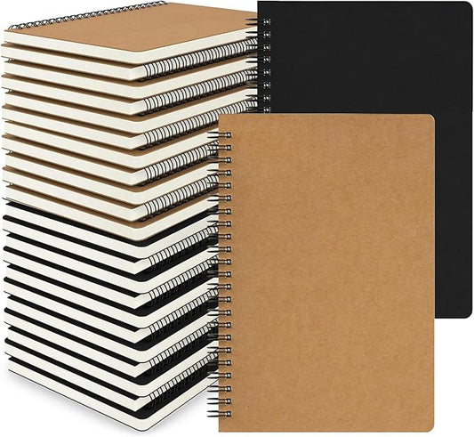 EUSOAR College Ruled Spiral Notebook, 24 Packs A5 5.5"x8.3" 120 Pages Hardcover Lined Travel Writing College Ruled Notebooks Sketchbook, Students Office Business Subject Diary Book Journal-Black,Kraft
