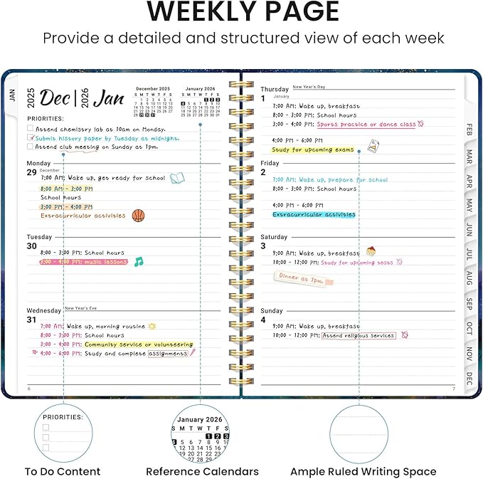 2026 Planner, Monthly and Weekly Calendar Planner for Women, January 2026 - December 2026, Hardcover Pretty 2026 Agenda Planner Book with Tabs, Spiral Bound, Perfect for School Office Home Supplies, 6.3" x 8.5" - Starlit Peaks