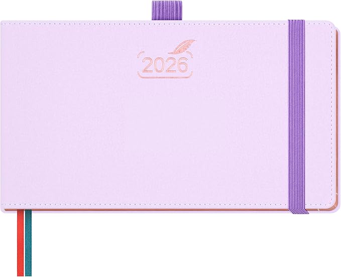 BEZEND Pocket Calendar 2026 Weekly and Monthly (6.5" x 3.75") Horizontal Planner with Vertical Hourly Timeslots, Bookmarks & Inner Pocket, Vegan Leather Hardcover - Lilac