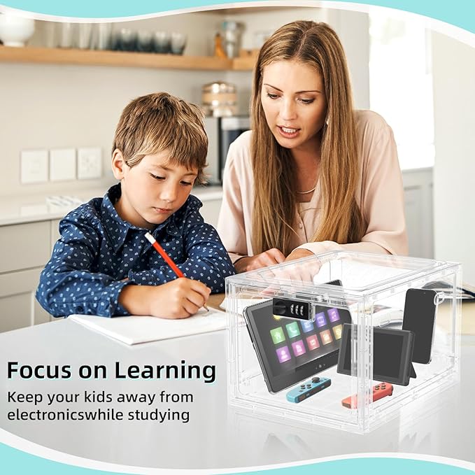 HOLYHY Medicine Lock Box for Safe Medication Storage, Large Refrigerator Lockable Storage Box for Kitchen Food Safe, Phone Jail iPad Tablet Lock Boxes for Kids Home/Office (Clear)