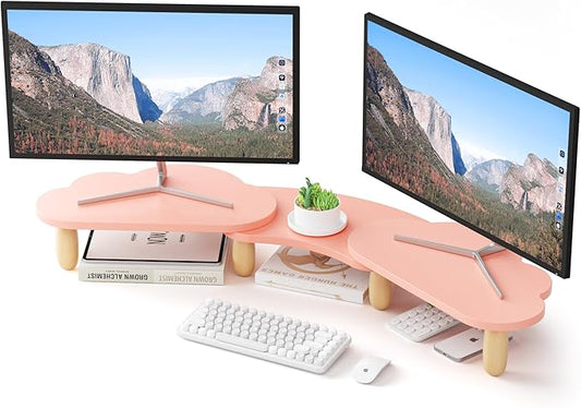 Dual Monitor Stand Riser,Rainbow Cloud Desktop Computer Stand for 2 Monitors,Adjustable Length and Angle Multifunctional Desktop Organizer Stand for Laptop, PC, Computer, Printer,Pink
