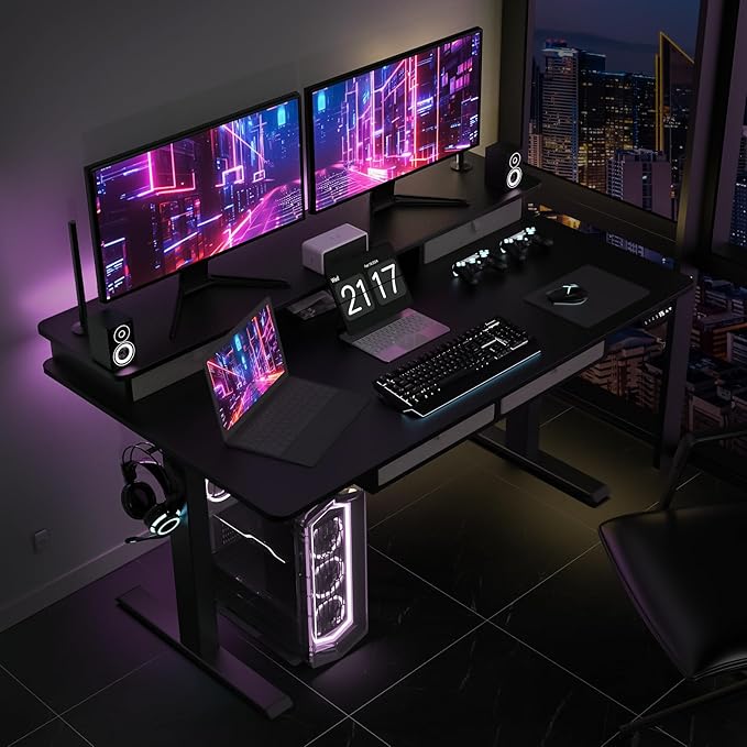 Electric Standing Widened Desk 63 * 30 Inches Adjustable Height with 4 Drawers, Double Storage Shelves Stand Up Desk, Home Office Workstation Sit Stand up Desk (Classical Black)