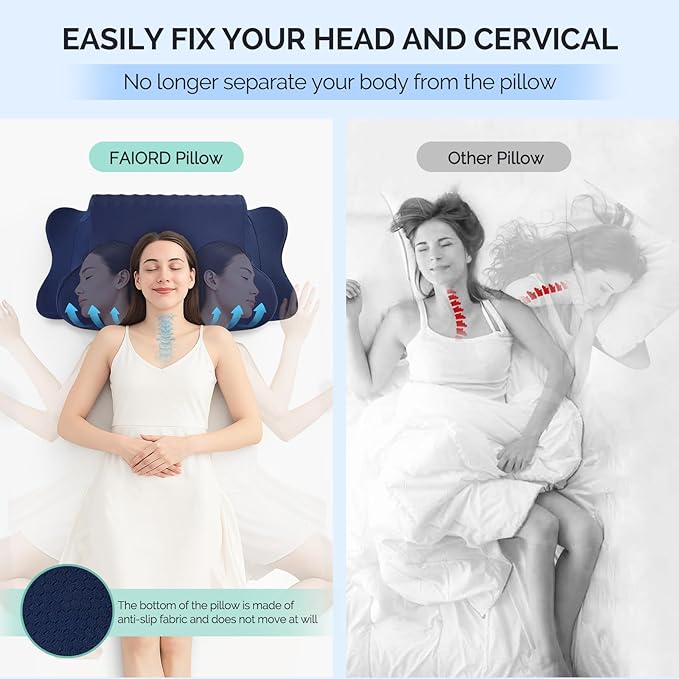 Cervical Pillow for Neck Pain Relief - Cooling Ergonomic Dual-Sided Orthopedic Neck Pillow with Ice Silk Pillowcase, Breathable Memory Foam Contour Pillow for Side, Back, Stomach Sleepers