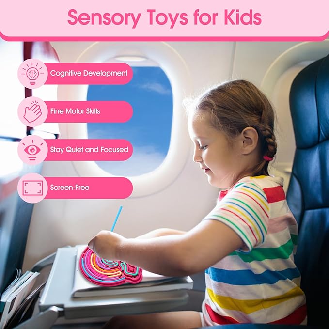 Sensory Activity Board Silicone Fidget Toy, Double-Sided Rainbow Sensory Toys for Autism, Stress, Anxiety, ADHD, Kids 3+& Adults, Includes Travel Bag & 12 Strings, Red