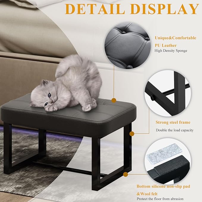 Small Ottoman，Foot Rest Stool,Leather Step Stool for Under Desk,Rectangular Shoe Seat for Living Room, Bedroom and Kitchen, Couch, Entryway(Black) (Leather, 1)