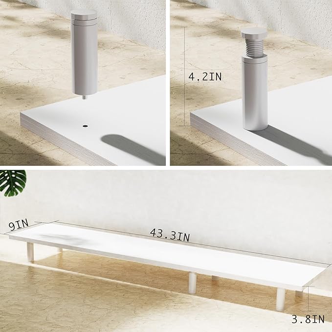 Large Dual Monitor Stand Riser 43.3IN，White Home Office Storage For Desk Accessories，Solid Wod Desk With Adjustable Legs For computer/PC/Laptop/Printer/Container/dressing table