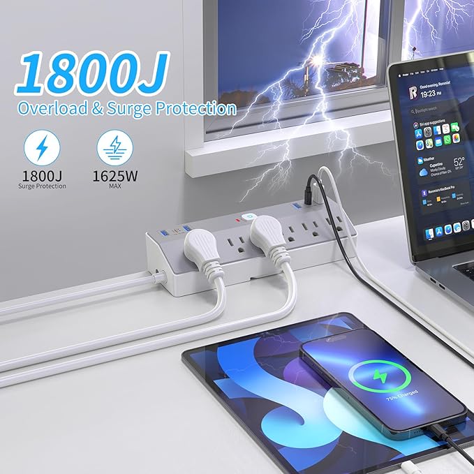 Clamp Power Strip Tall, 40W Fast Charging Station,Desk Mount Desk Shelf with 6 Outlets 6USB Ports (2USB C), 10Ft Extension Cord Home Office Essentials, Fit 2.48" Tabletop Edge