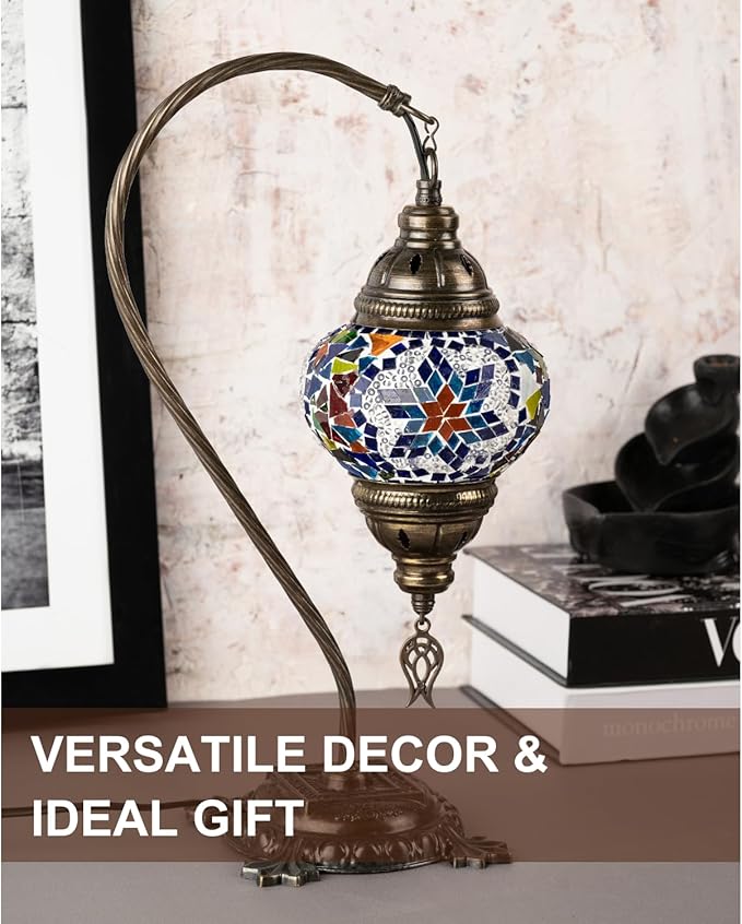 Kafthan Turkish Moroccan Mosaic Lamp – Handmade Glass Swan Neck Bedside Lamp with Antique Brass Base, Ideal Decor for Bedroom, Office, Living Room – Bulb Included (Red & Navy Center Star)