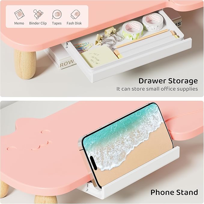 Monitor Stand Riser, Cat-Shaped Sturdy Wood Multi-Purpose Desktop Organizer for Computer, Laptop, Printer, TV, Pink