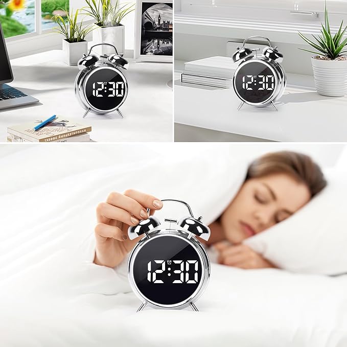 Digital Small Alarm Clock, 4.5 Inch Double Bell Electronic LED Alarm Clock, Plug in or Battery Operated Silent Metal Table Clock, Bedside Loud Bell Clock for Heavy Sleepers Adults Kids (Silvery)