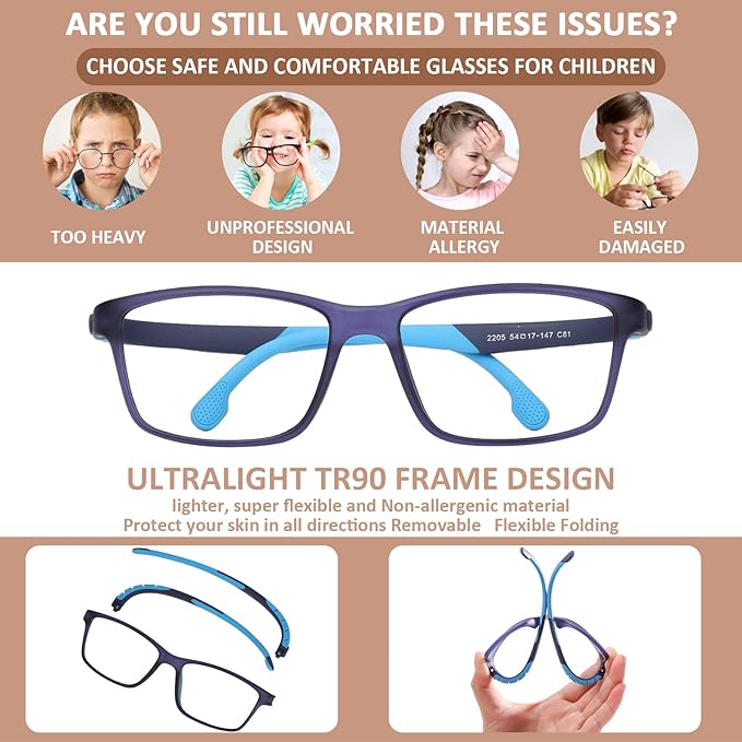 BiBiBear Blue Light Blocking Glasses Bendable Lens Legs for Kids Girls Boys Not Easy to Drop Reduces Eyestrain Lenses