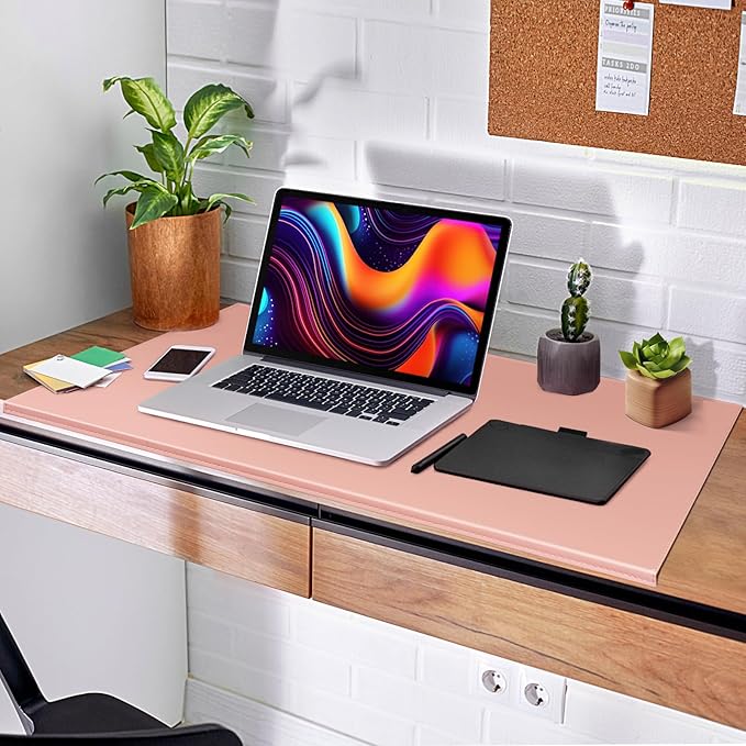 AKOZLIN 35.4"x 18.9" Soft PU Leather Surface Office Desk Mouse Mat Anti-Push Pad with Full Grip Fixation Lip Table Blotter Edge-Locked Protector Pink