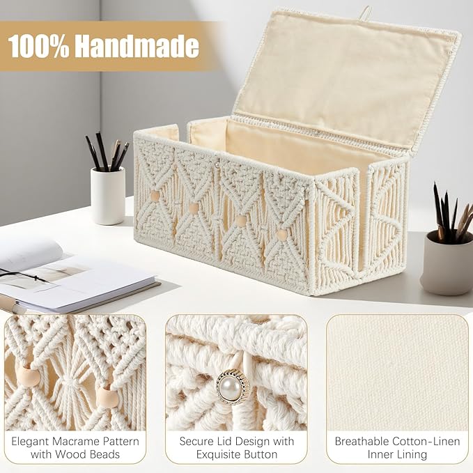 Cable Management Box Handmade Macrame Cord Storage Organizer Power Strips Outlet Router Adapter TV Wire Hider Cover Under Desk Natural Cotton Rope Woven Boxes with Lid (Off White, Large)