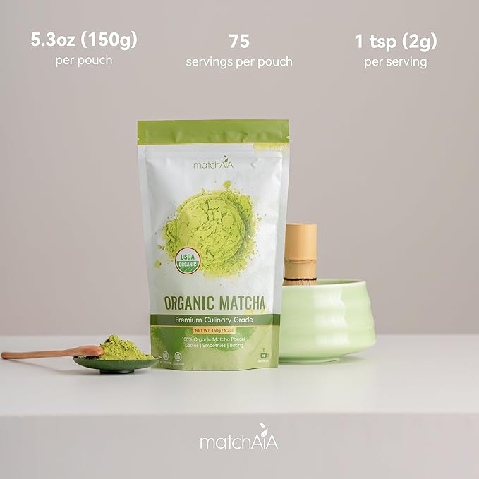 MatchAiA Premium Culinary Grade, USDA-Certified Organic Matcha, 100% Pure Green Tea Powder, Perfect for Lattes, Smoothies, Desserts and Baking, Sugar Free, Gluten Free (150g / 5.3oz Pouch)